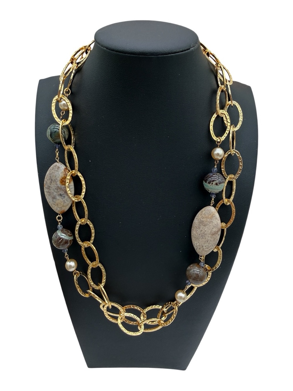 David Aubrey Vintage 18K Gold Plated HammeredChain Necklace w/ Real Stone